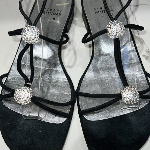 Stuart Weitzman Sz 7 Black Crystal Flat Sandals - Picture 4 of 8